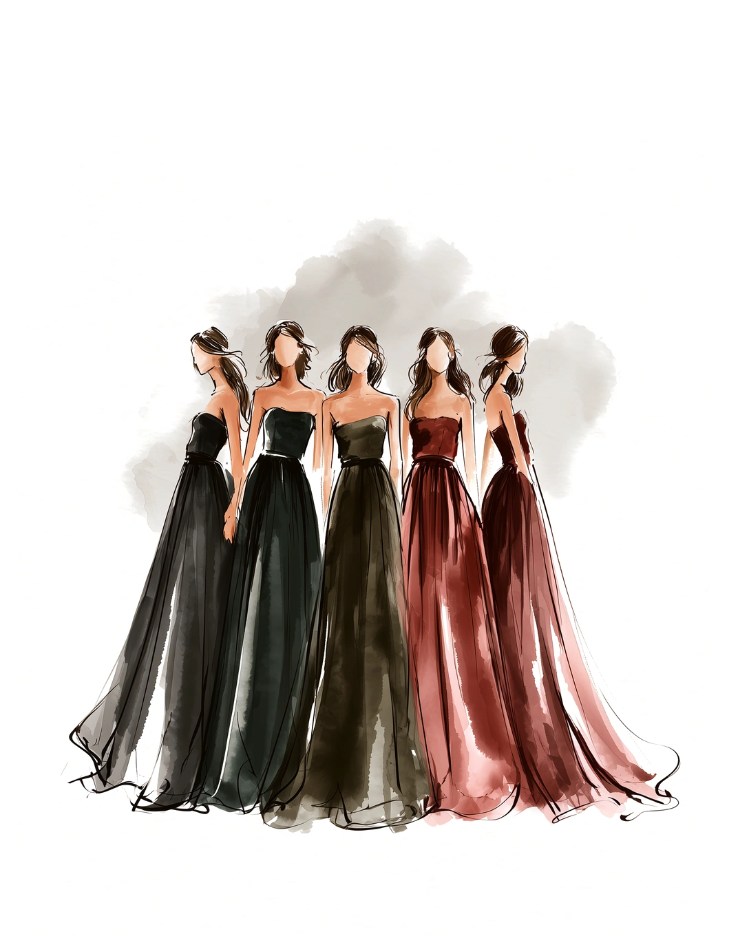 Croqui em aquarela de cinco mulheres em vestido longo, em tons escuros e terrosos.