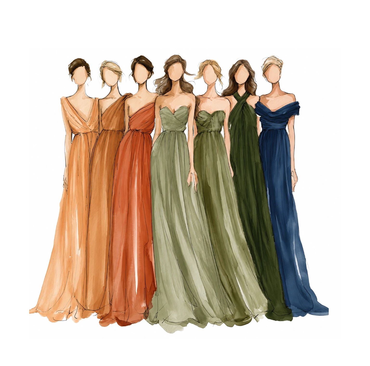 Croqui em aquarela de sete mulheres em vestido longo, em tons terrosos e profundos.